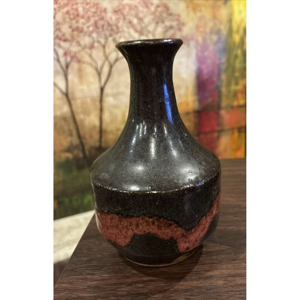 Vintage Signed Studio Pottery 1991 Tenmoku Stoneware Tokkuri Vase